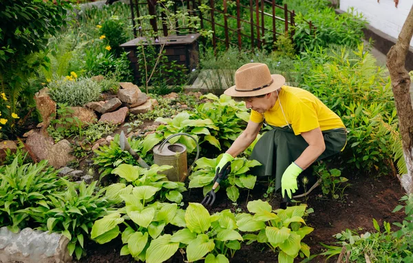 Mujer Jardinera Mayor Sombrero Trabajando Patio Con Herramientas Trabajo Concepto —  Fotos de Stock