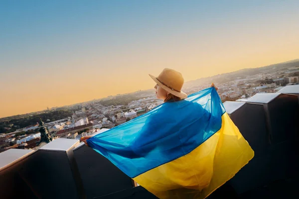 Woman Stands National Ukrainian Flag Waving Praying Peace Sunset Lviv — Stock Photo, Image