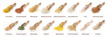 Bir panoramada farklı Groats setleri. Yüksek kalite fotoğraf. Arpa, bezelye, karabuğday, pirinç, un, yulaf ezmesi, mısır / buğday Groat, inci arpa, darı cilası, irmik yağı.