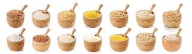 Bir panoramada farklı Groats setleri. Yüksek kalite fotoğraf. Arpa, bezelye, karabuğday, pirinç, un, yulaf ezmesi, mısır / buğday Groat, inci arpa, darı cilası, irmik yağı.