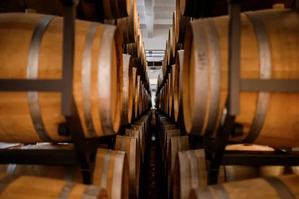 イタリア ポルト ポルトガル フランスのクールで暗い地下室に並ぶボールトにワインと古い古い古い古い伝統的な木製の樽 — ストック写真