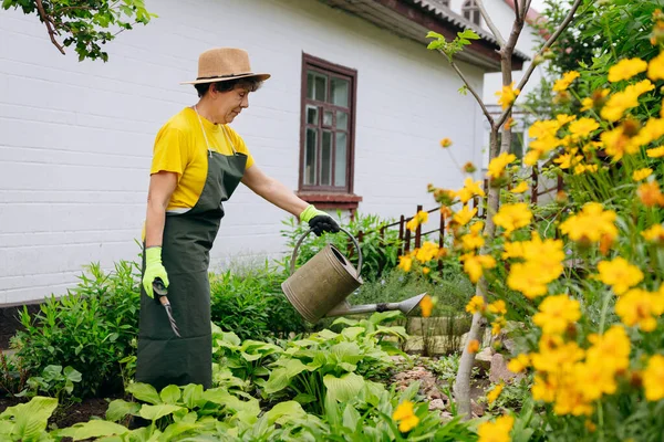 Oudere Tuinier Een Hoed Die Haar Tuin Werkt Met Werktuigen — Stockfoto