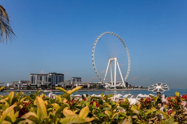 Dubai, BAE, Kasım 2021, JBR Sahili 'nden Bluewaters Adası' na doğru dünyanın en uzun ve en büyük gözlemi olan Ain Dubai 'ye veya dönme dolaba bakan insanlar,