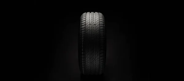 New Car Tire Road Wheel Dark Background Summer Tire Asymmetric — Stock Photo, Image