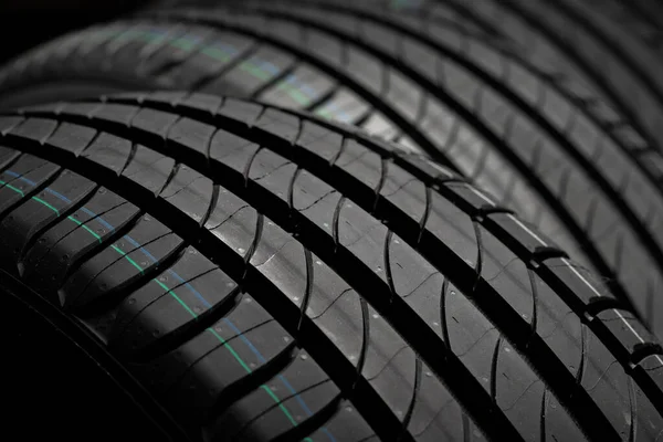 New Car Tires Group Road Wheels Dark Background Summer Tires — Stock Photo, Image