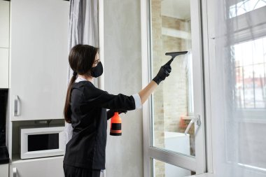 Profesyonel temizlik şirketi çalışanı lastik eldivenli. Paspas kullanarak pencerelerdeki toprağı temizliyor.