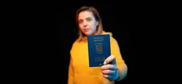 Ukraine National Passport Beautiful Ukrainian Girl Government Passport Her Hands — ストック写真