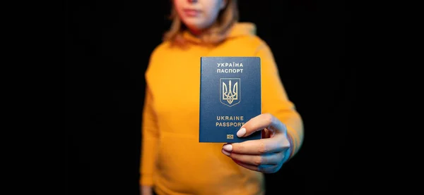 Ukraine National Passport Beautiful Ukrainian Girl Government Passport Her Hands — Stock Photo, Image