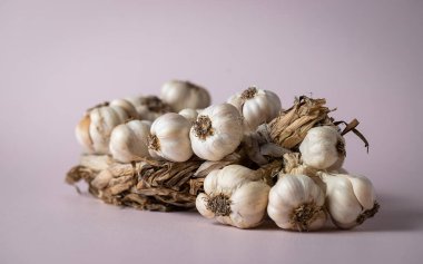 Hafif arkaplanda mis kokulu sarımsak çelengi var. Tarım ve tarım