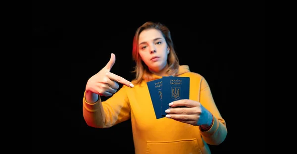 Ukraine National Passport Beautiful Ukrainian Girl Government Passport Her Hands — стоковое фото