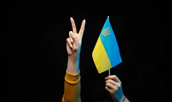 Bandeira Nacional Ucrânia Pau Nas Mãos Símbolo Estado Ucraniano Espaço — Fotografia de Stock