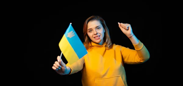 Ukraine National Flag Beautiful Ukrainian Girl Government Flag Stick Her — стоковое фото