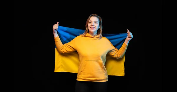 Beautiful Ukrainian Girl National State Flag Ukraine Black Background Copy — стоковое фото