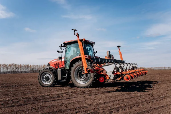 Spring Sowing Season Farmer Tractor Sows Corn Seeds His Field — 스톡 사진