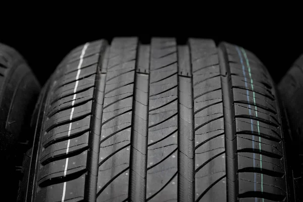 New Car Tires Group Road Wheels Dark Background Summer Tires — Stock Photo, Image