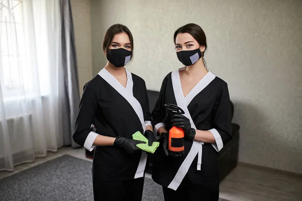 Portrait Cleaning Service Company Employees House Mopping Professional Equipment — 스톡 사진