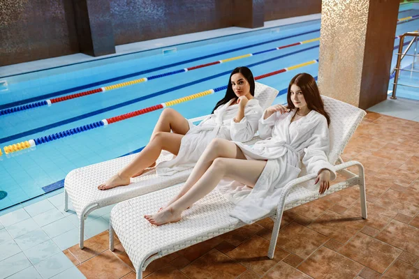 Beauty Spa Healthy Lifestyle Concept Beautiful Young Girls Bathrobe Relaxing — стоковое фото