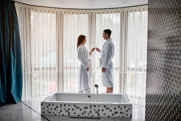 Beauty Spa Healthy Lifestyle Concept Beautiful Young Couple Bathrobes Relaxing — стоковое фото