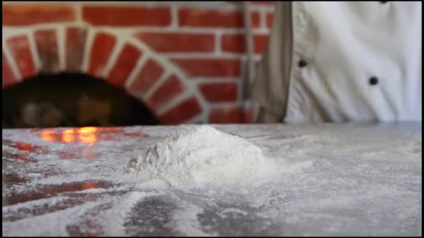 Chief Chef Kneads Dough Table Flour Cooking Italian Pizza Wood — Vídeo de Stock