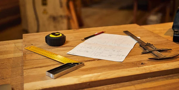 Carpenter Pencil Tape Measure Square Carpentry Drawings Workshop — Stockfoto