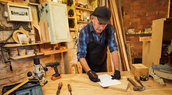 Üst düzey bir marangozun portresi marangozluk atölyesinde mobilya yapmayı planlıyor.