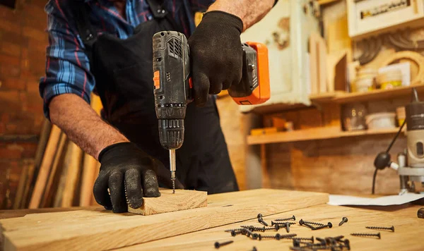 Carpintero Senior Con Instrumento Perforación Que Trabaja Taller Carpintería Para — Foto de Stock
