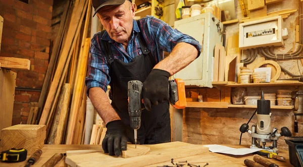 Portrait Senior Carpenter Drilling Instrument Working Carpentry Workshop Make Piece — Stock Photo, Image