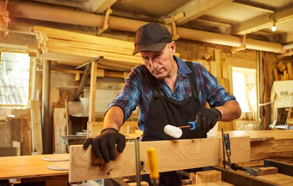Portrait Senior Carpenter Uniform Gluing Wooden Bars Hand Pressures Carpentry — Stock Photo, Image