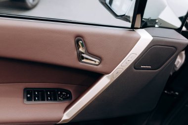 Vinnitsa, Ukrayna - 14 Ocak 2022. BMW IX - yeni model elektrikli SUV araba sunumu sergi salonunda - kapı