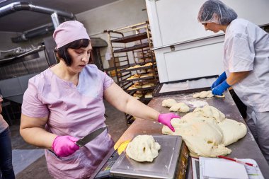 Ham hamuru eşit porsiyonlara bölüp ağırlıklarına ayıran yetenekli bir fırıncı kadın. Fırında ekmek yapma süreci
