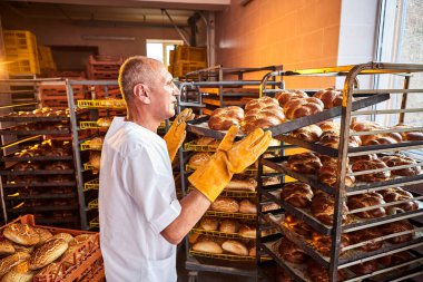 Fırıncı elinde taze ekmek tepsisiyle fırında hamur işleri ve rafların arka planında duran bir tepsi tutuyor. Sanayi ekmek üretimi