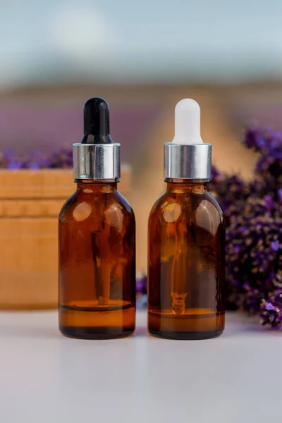 Dropper bottle with lavender cosmetic oil or hydrolate against lavender flowers field as background with copy space. Herbal cosmetics and modern apothecary concept