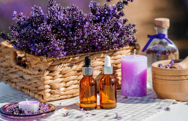 Dropper bottle with lavender cosmetic oil or hydrolate against lavender flowers field as background with copy space. Herbal cosmetics and modern apothecary concept