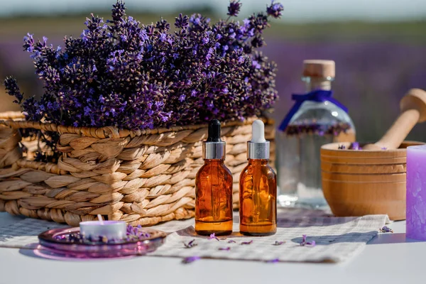 Dropper bottle with lavender cosmetic oil or hydrolate against lavender flowers field as background with copy space. Herbal cosmetics and modern apothecary concept