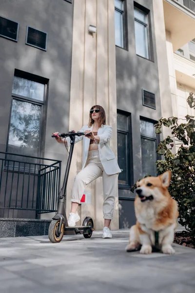 Красива Молода Жінка Білому Костюмі Стоїть Електричним Скутером Corgi Dog — стокове фото