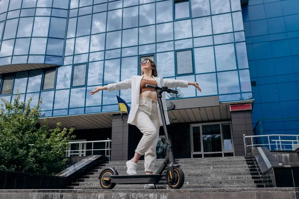 Beautiful Young Woman Sunglasses White Suit Standing Her Electric Scooter —  Fotos de Stock