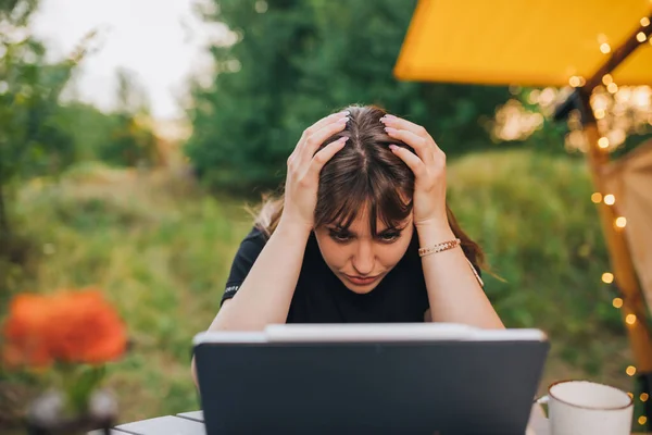 Tired Woman Freelancer Using Laptop Cozy Glamping Tent Sunny Day — 스톡 사진