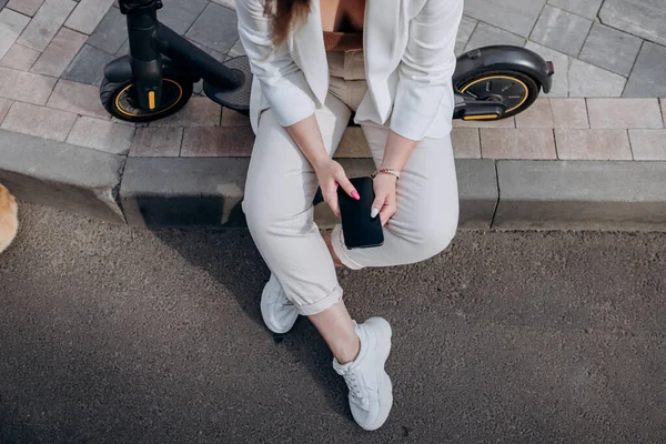 Top View Businesswoman White Suit Sitting Electric Scooter Using Phone — Fotografia de Stock