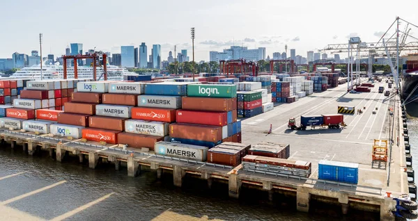 Buenos Koç / Arjantin - 19 Ocak 2020. Vinçlerle taşınan kargo konteynırları diğer ülkelere gönderilmek üzere Puerto Madero 'nun etrafına istiflenmiştir. .