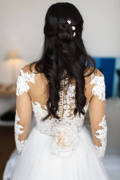 Braut Brautkleid Zurück Hochzeitstag — Stockfoto