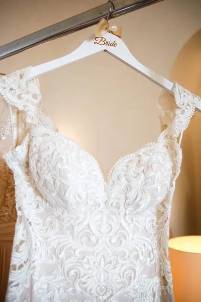 Wedding Dress Lace Hanging Hotel Room — Stok fotoğraf