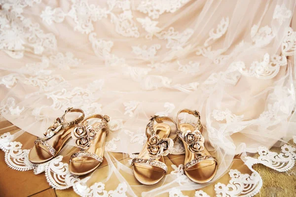 Zapatos Boda Con Joyas Velo Nupcial — Foto de Stock