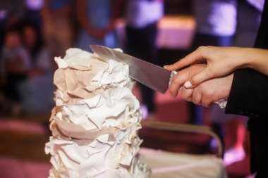 Yeni evliler düğün pastasını pastel renkte kesiyorlar..