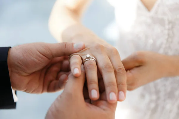 Groom Wears Ring Bride Wedding Ceremony — Stock Fotó