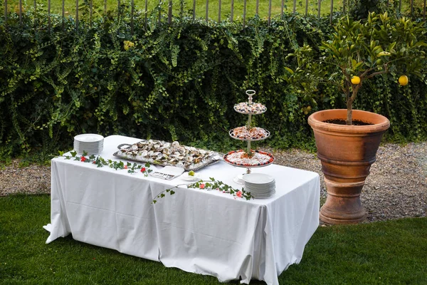 Düğün masasında midye ve diğer aperatifler.