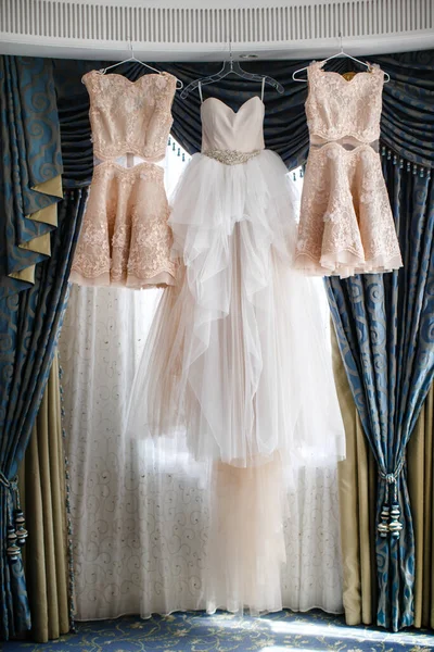 Wedding Bridesmaids Dresses Hanging Window — Stock Fotó