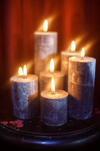 Set Burning Candles Table — Stock Photo, Image