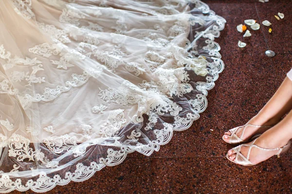 玫瑰花瓣缀在白色婚纱和伴娘的腿上 — 图库照片