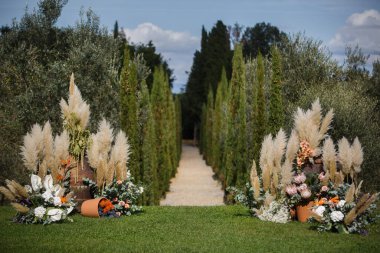 Zeytin bahçesinde açık havada düğün için kemer..