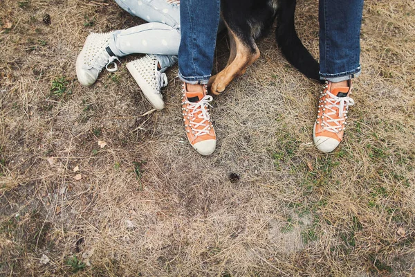 Ben Kille Flicka Och Deras Hundar Gräset — Stockfoto